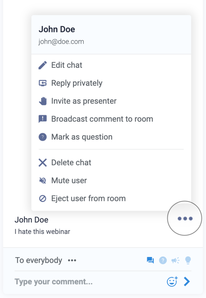 Manage chat and attendees with user menu