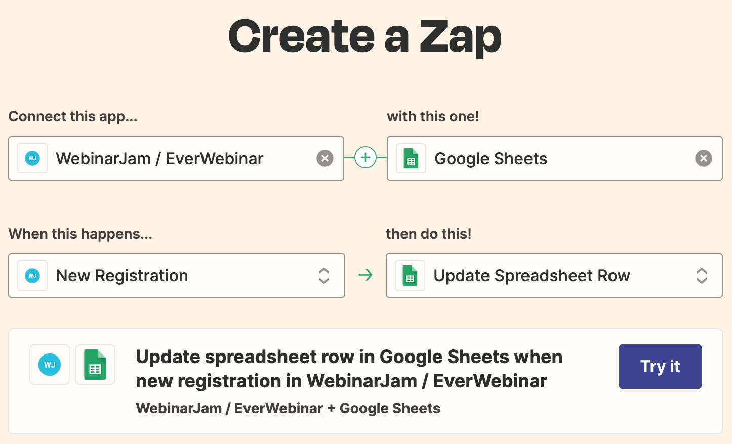Zap example showing spreadsheet update when a new registration happens in WebinarJam
