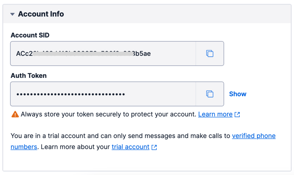 Twilio account SID and auth token