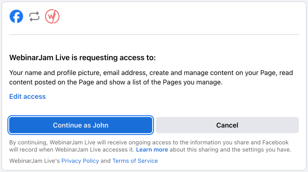 Authorize a WebinarJam Live connection with Facebook