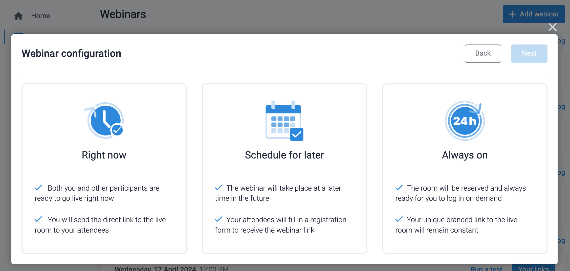 Select the webinar run type